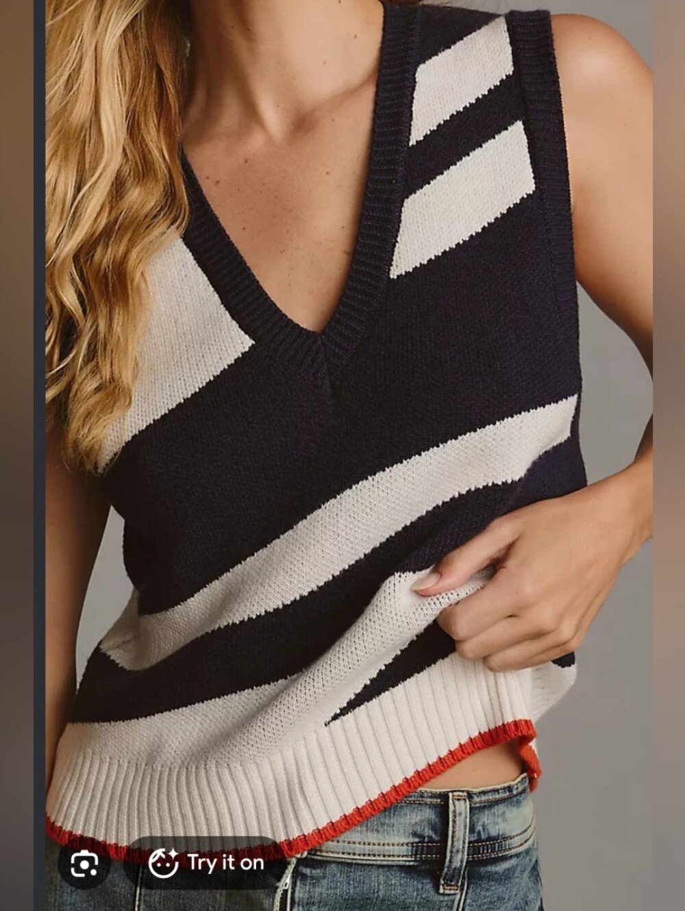 Striped V-Neck Knit Sweater Vest Navy White Orange